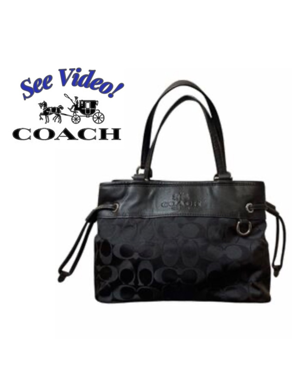 🎠 Coach Legacy Black Signature Drawstring Carryall Satchel Handbag Black 32702